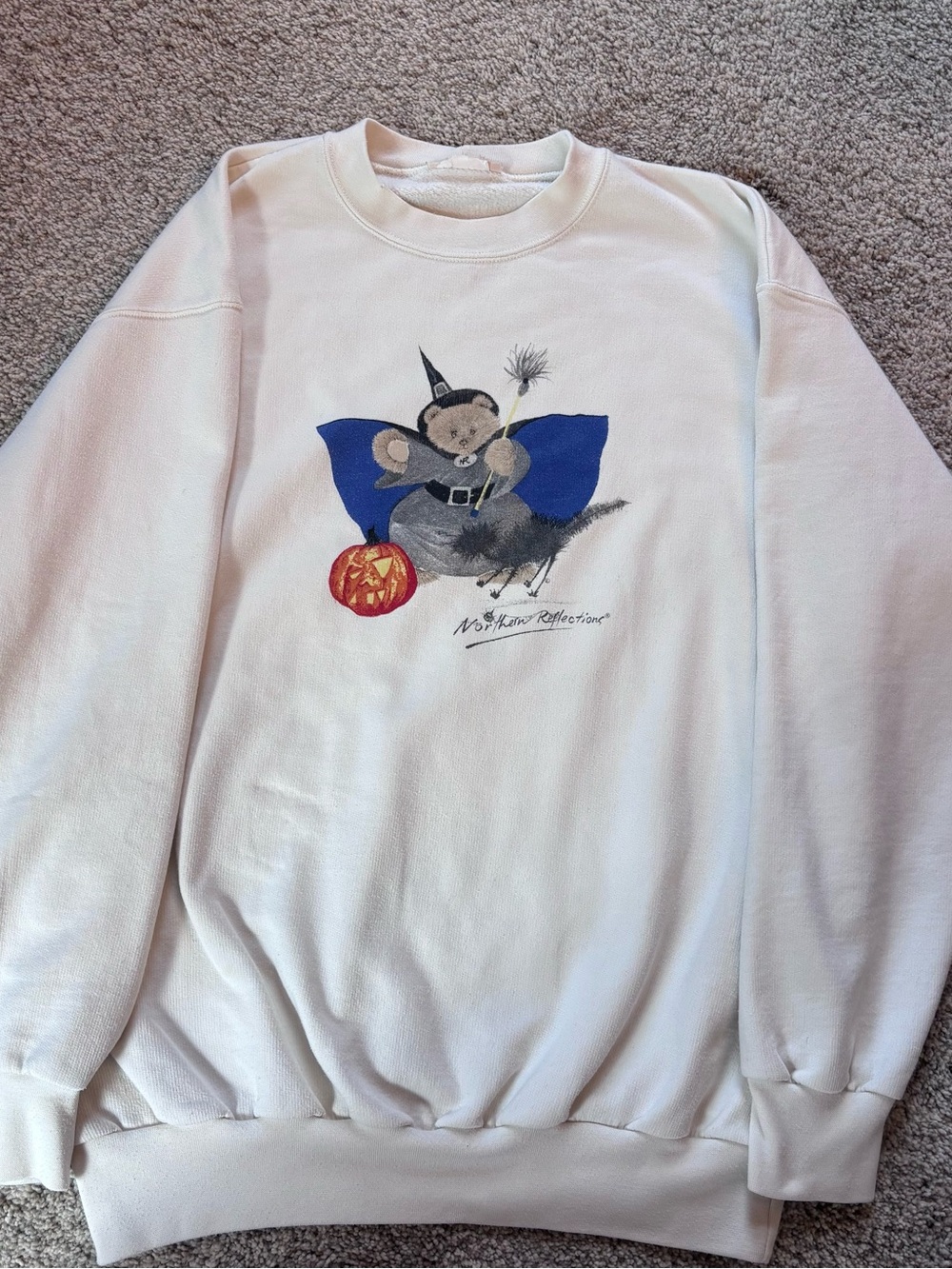 Northern Reflections White Crewneck with Halloween Bear Graphic
